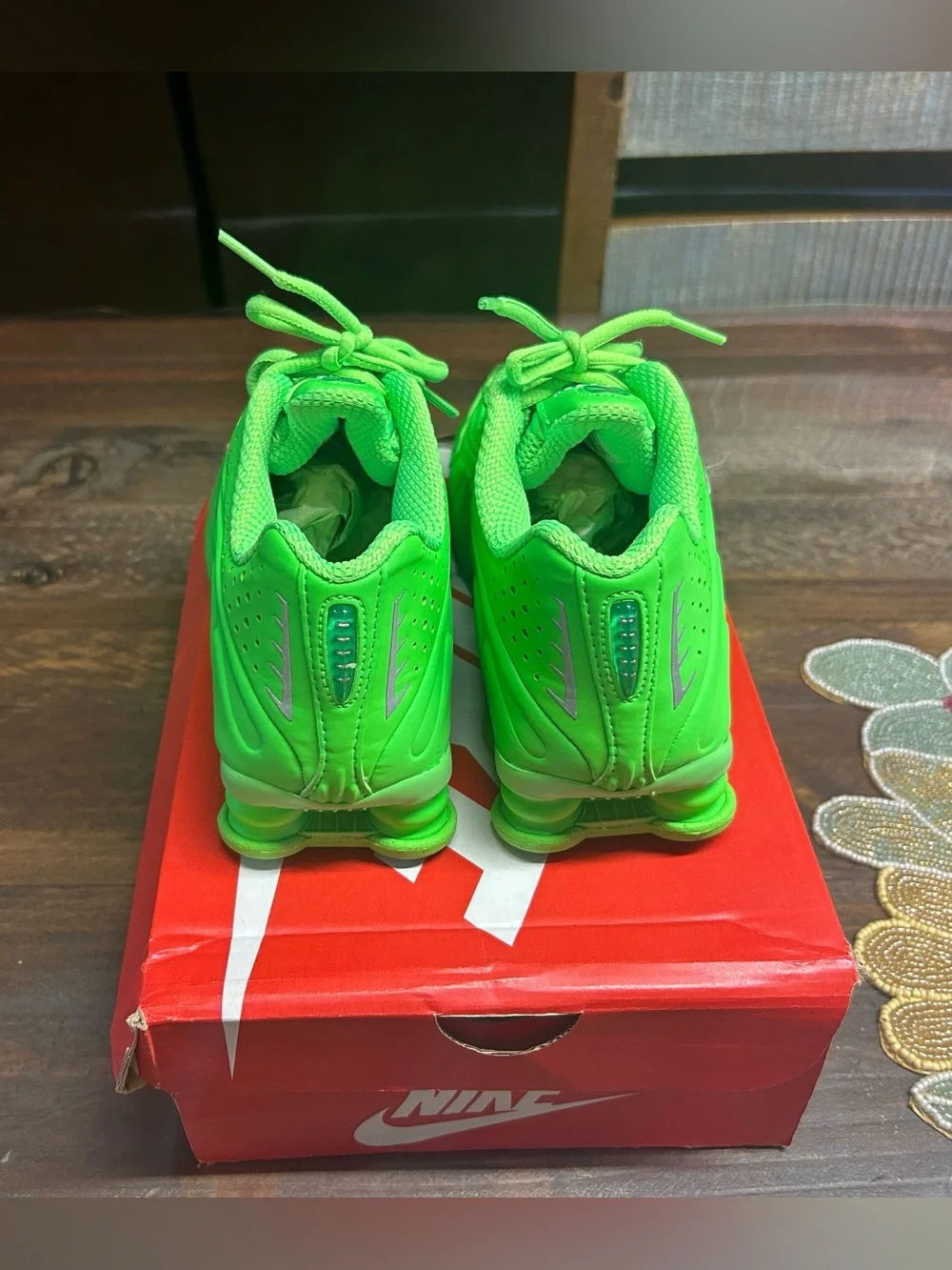 Nike Kids' Neon Green Shox Sneakers with Silver Swoosh